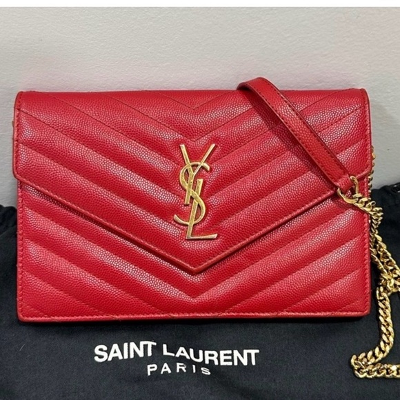 Saint Laurent Handbags - Saint Laurent Red Quilted Leather Envelope Crossbody with Gold Hardware